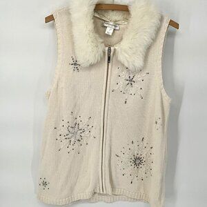Christopher & Banks Snowflake Embellished Large Winter White Vest Removable Faux